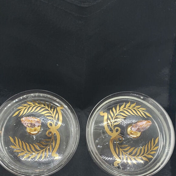 Vintage Crystal Jars Vanity Pair Gold Laurel Leaf Lid Amethyst glass Topper - Picture 6 of 10